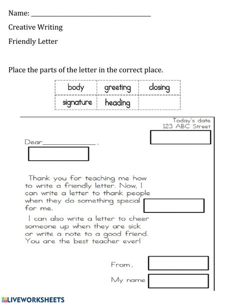 A Letter Worksheet, Parts Of A Friendly Letter, Parts Of A Letter, Friendly Letter Template, Creative Writing Topics, Letter Writing Worksheets, Friendly Letter Writing, Parts Of The Letter, Worksheets For Grade 3