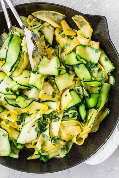 Sautéed Summer Squash and Zucchini Ribbons - Rachel Cooks® Sauteed Summer Squash, Sauteed Zucchini Recipes, Sauteed Squash, Grilled Vegetable Salads, Squash And Zucchini, Green Zucchini, Ideal Protein Recipes, Lemon Zucchini, Zucchini Ribbons