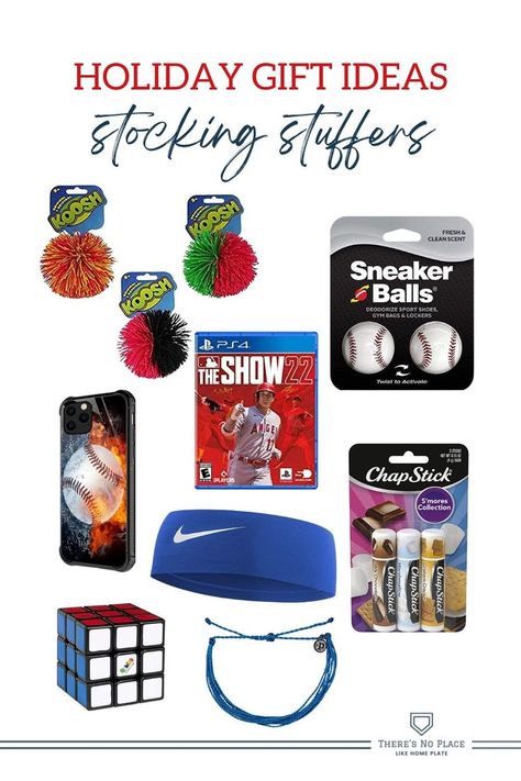 Visual idea guide for baseball stocking stuffers for teen baseball players and teenage boys. This idea guide includes MLB the Show 22, a baseball themed iphone case, and more baseball themed ideas. Baseball Stocking Stuffers, Travel Baseball Mom, Sports Stocking Stuffers, Baseball Christmas Gifts, Baseball Christmas Tree, Stocking Stuffers For Boys, Baseball Christmas, Travel Baseball, Gifts For Baseball Players