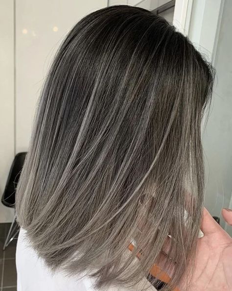 Black To Grey Ombre Hair Short, Grey Toned Hair, Grey Ombre Hair Short, Micro Highlights, Ash Gray Balayage, Silver Balayage, Balayage Hair Grey, Grey Blending, Balayage Hair Ash