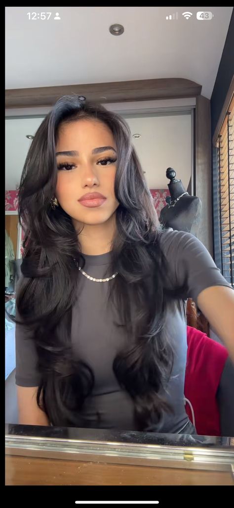 Black Hair With Tan Skin, Brown Black Hair Ideas, Styled Black Hair, Volume Black Hair, Natural Dark Balayage, Beach Layers Hair, Light Brown Hair On Black Hair, Jet Black Hair Brown Eyes, Latina Hair Color Ideas Dark Brown