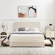 Modern Upholstered Bed, Full Size Upholstered Bed, Minimalist Interior Decor, Modern Upholstered Beds, Bed Frame With Drawers, Under Bed Drawers, Sophisticated Bedroom, Queen Size Platform Bed, Queen Size Bed Frames