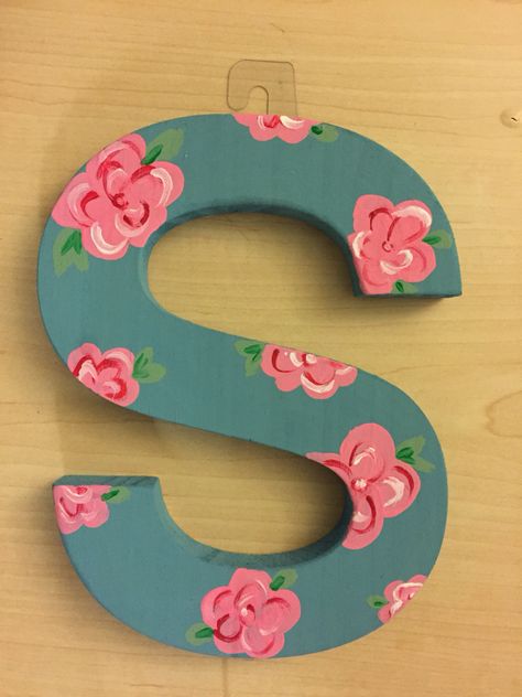 Hand Painted Wooden Letter Letter M Painting Ideas, Letter S Painting Ideas, Painted Initials Wooden, Painting Initials Letters Diy, Senior Letters, Painted Letters Diy, Wood Letter Painting Ideas, Wooden Letter Crafts, Wooden Monogram Letters