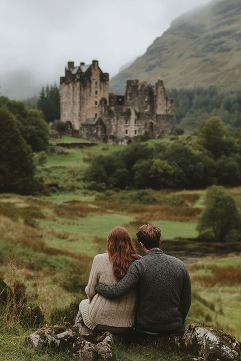 Embark on a romantic road trip through the Scottish Highlands. Explore dramatic landscapes, stay in cozy inns, and discover ancient castles together. 🚗🏰🌲 #ScottishHighlandsLove #RoadTripRomance #CouplesAdventure Castle Couple Aesthetic, Travel Scotland Aesthetic, Hogwarts Couple Aesthetic, Scotland Wedding Aesthetic, Scottish Man Aesthetic, Scottish Castles Highlands, Scotland Engagement Photos, Scotland Highlands Aesthetic, Scotland Moodboard