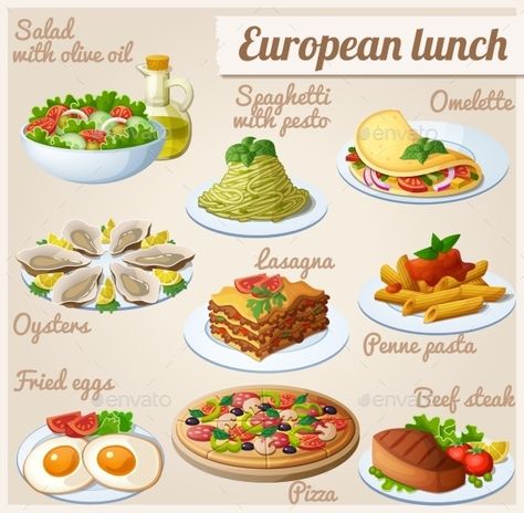 Set of Food Icons. European Lunch Pesto Omelette, Lasagna Pesto, Olive Oil Spaghetti, European Lunch, Lunch Illustration, Spaghetti With Pesto, Salad With Olive Oil, Breakfast Clipart, Pasta With Tomato Sauce