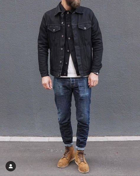 White Denim Jacket Mens, Trucker Jacket Outfit, Black Denim Jacket Outfit, Outdoorsmen Style, Layering Combos, Favorite Weather, Layering Jacket, Denim Jacket Outfit, Jean Jacket Men