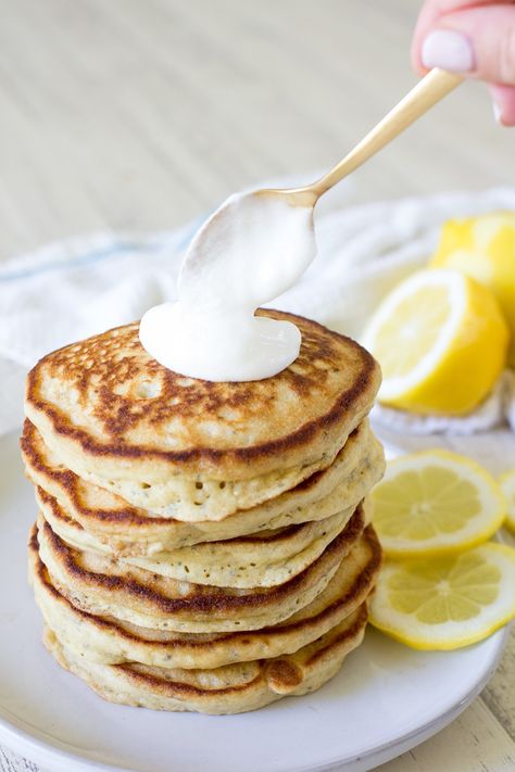 Lemon Chia Yogurt Pancakes - Freutcake Chia Seed Pancakes, Chia Pancakes, Chia Yogurt, Brunch Bake, Flavored Pancakes, Yogurt Pancakes, Lemon Yogurt, Tasty Pancakes, King Arthur Flour