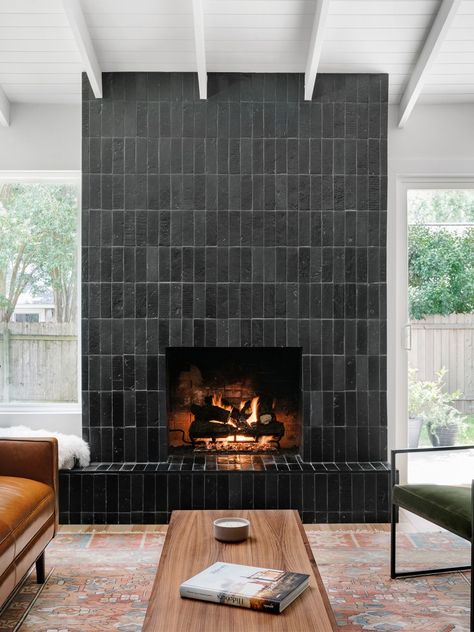 Gas Fireplace Makeover Tile, Fireplace Inspiration, Tile Selection, Shiplap Ceiling, Black Fireplace, Slanted Ceiling, 70s Home, Austin Homes, Fireplace Remodel