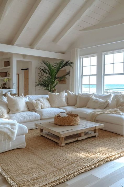 17 Beach House Living Room Designs That Will Make Your Home Feel Like A Permanent Vacation East Coast Modern Home, Cool House Interior Fun, Modern Boho Room Ideas, Beach Vibe House Decor, Beach House Living Room Aesthetic, Modern Farmhouse Beach House, Australian Beach House Coastal Style, Aesthetic Beach House Interior, Coastal Living Room Aesthetic