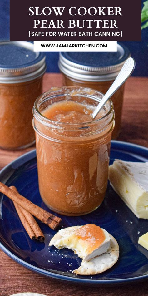 Slow Cooker Pear Butter Recipe, Pear Butter Recipe Crockpot Canning, Pear Brandy Recipes, Pear Butter Canning Recipes, Amish Pear Butter, Canning Pears Water Bath, Pear Honey Recipe Canning, Pear Preserves Recipe Canning, Slow Cooker Pear Butter