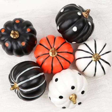 PRICES MAY VARY. Unique Design: Set of 6 pumpkins come with a classic combination of black white orange and with patterns of dots and stripes. Hand-Painted Pumpkins :Each pumpkin is carefully hand-painted uniquely designed with realistic textures and colors, making them a great addition to your Halloween decor. Premium Quality:Our pumpkins are made of high quality foam with plastic.These artificial pumpkins are durable and long-lasting. They won't rot or decay, allowing you to enjoy them year af Halloween Pumpkin Decor, Fall Decorations For Home, 3 Pumpkins, Table Fireplace, Crafts Fall, Hand Painted Pumpkin, Festive Centerpieces, Artificial Pumpkins, Foam Pumpkins