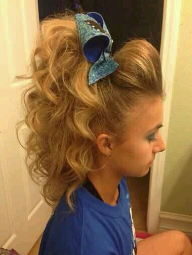 High pony tail with bump and curls| cheer hair Cheer Hair Poof, Inverted French Braid, Cheer Ponytail, Cheer Makeup, Competition Hair, Cheerleading Hairstyles, Cheer Hair, Dance Hairstyles, Bow Hairstyle