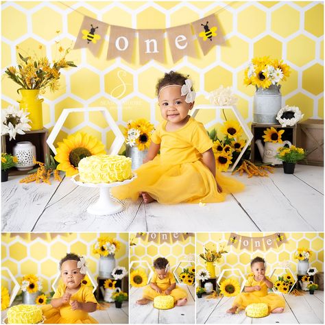 Sunflower Cake Smash, Maternity Props, Sunflower Cake, Cake Smash Theme, One Year Pictures, Studio Headshots, Yellow Theme, Birthday Shoot, Newborn Portrait