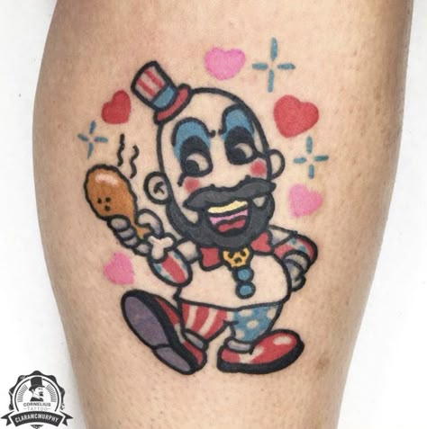 Womens Horror Tattoos, Cute Horror Movie Tattoos, Captain Spaulding Tattoo, Horror Tattoo Ideas, Cartoons Tattoo, Cute Halloween Tattoos, Captain Spaulding, Funky Tattoos, Tattoo Practice