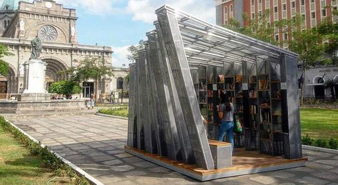 The Book Stop library can pop-up anywhere. Outdoor Library Architecture, Street Library Design, Book Kiosk Design Ideas, Library Landscape Design, Small Library Architecture, Aquaculture Architecture, Outdoor Book Library, Small Library Design, Pop Up Library