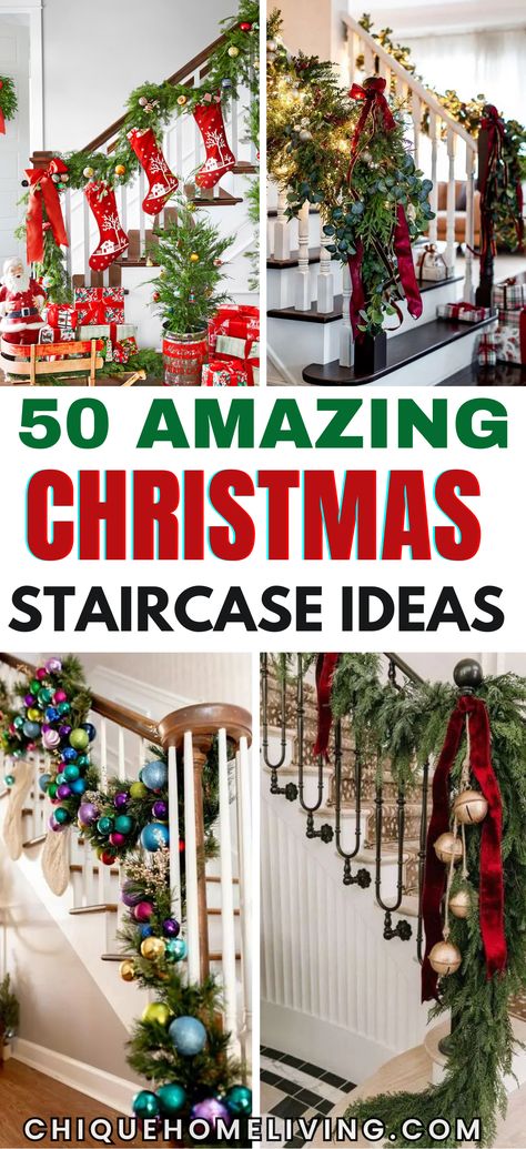 Looking to transform your home into a winter wonderland? These 50+ stunning Christmas staircase decor ideas will add a magical touch to your holiday setup! From elegant garlands draped along the banister to twinkling string lights and festive wreaths, these ideas are perfect for creating a warm and inviting holiday atmosphere. Whether you love a traditional red and green theme, a cozy rustic look, or a modern, minimalist vibe, there’s something here for every style. Cheap Christmas Staircase Decor, Bannister Ideas Christmas, Holiday Stairs Decorations, Christmas Decor Ideas For Stair Railings, Decorating Stairs For Christmas Railings, Decorating Staircase For Christmas, Christmas Garland Ideas Stairs, Christmas Decor For Stairs Railings, Christmas Stairway Decorations