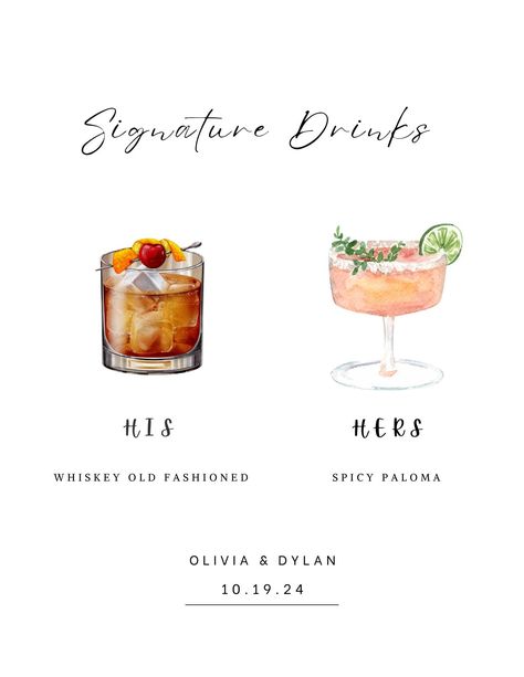 His and hers drink wedding sign that showcases your unique signature cocktails.  Simply download the template, edit to your desired drink offerings, and print as many copies as you would like to show prominently at your wedding reception to guide your guests to your personal taste. Let your guests indulge in your creative cocktails with this elegant His and Hers Drink Sign Template. Cheers and Congratulations on your special day! His And Hers Drink Menu Wedding, His And Her Specialty Drinks Wedding, His Hers Wedding Cocktails, Wedding His And Her Favorites, His And Hers Signature Drinks, Easy Signature Cocktails Wedding, Wedding Cocktail Hour Drinks, His And Her Wedding Drinks, His And Her Drink Sign