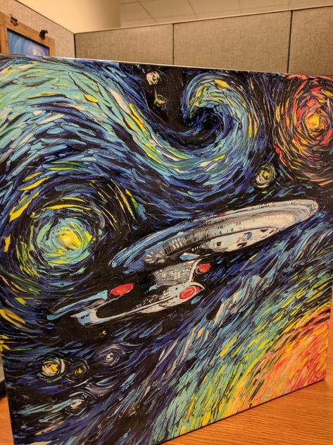 Enterprise Painting is finally going up in the office. - 9GAG Star Trek Painting, Star Trek Wallpaper, Room Painting, Star Trek Enterprise, Canvas Painting Designs, World Pictures, Room Paint, Space Art, Paint Designs