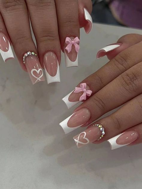 Coquette Nail Inspo Square, 2enior Ye4r, Uñas Coquette, Bow Nail Designs, Coquette Nails, Nail Hacks, Nail Techniques, Fancy Nails Designs, Summery Nails