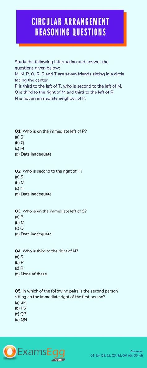 Circular Arrangement Reasoning Questions Quantitative Reasoning, Reasoning Questions, Aptitude And Reasoning, Circle Face, Logical Reasoning, Study Flashcards, Aptitude Test, Test Questions, Online Tests