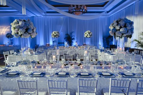 Hunter Ballroom Wedding Reception Wedding Reception Blue And White, Blue Silver Wedding Decorations, Royal Blue And White Wedding Theme Decor, Blue Wedding Reception Ideas, Blue Wedding Reception Decor, Blue And White Wedding Theme, Quinceanera Winter Wonderland, Silver Wedding Reception, Starlight Wedding