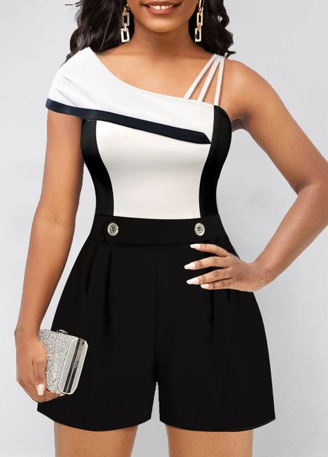 Color Block Skew Neck Short Sleeve Romper Romper Outfit Ideas, Trendy Jumpsuit, Rompers For Women, Women Dresses Classy, Jumpsuits And Rompers, Classy Dress Outfits, Short Sleeve Romper, Romper Outfit, Short Dresses Casual