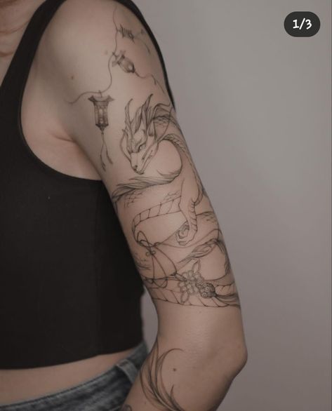 Haku Wrap Tattoo, Dragon Arm Tattoo Wrap, Dragon On Arm Tattoo, Haku Arm Tattoo, Haku Tattoo Arm, Dragon Upper Arm Tattoo, Upper Arm Wrap Tattoo, Haku Dragon Tattoo Design, Dragon Tattoo For Women Arm