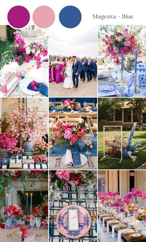 Wedding Magenta Color Schemes, Blue Pink Flowers Wedding, Wedding Decor Pink And Blue, Magenta And Blue Wedding Theme, Blue And Pink Summer Wedding, Blue Magenta Color Palette, Hot Pink And Royal Blue Wedding, Magenta And Navy Blue Wedding, Wedding Color Schemes Pink And Blue