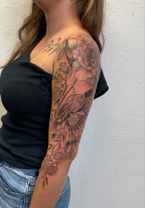 Western Tattoos Ideas, Western Tattoo Ideas, Western Sleeve, Cow Skull Tattoos, Tattoo Ideas For Females, Western Tattoo, Tattoos For Females, Bull Skull Tattoos, Arm Sleeve Tattoos For Women