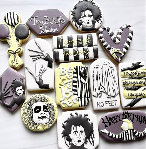 Beetlejuice Cookies Decorated, Beetle Juice Desserts, Coraline Sugar Cookies, Beetle Juice Cookies, Beetlejuice Sugar Cookies, Beetlejuice Decorated Cookies, Beetlejuice Cookies, Beetlejuice Treats, Halloween Decorated Sugar Cookies