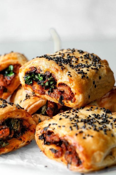 Vegan Cavolo Nero Sausage Rolls - Nadia's Healthy Kitchen Yule 2023, Recipe Using Kale, Sausage Roll Recipe, Pistachio Cardamom, Lemon Spaghetti, Sausage Rolls Recipe, November Christmas, Sausage Roll, Vegan Cookie Dough