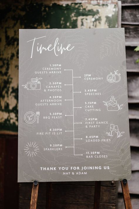 Wedding Timetable Sign, Wedding Sign Display Ideas, Diy Wedding Schedule Sign, Acrylic Wedding Timeline Sign, Diy Wedding Timeline Sign, Wedding Day Timeline Sign, Wedding Timeline Signage, Wedding Itenary Board, Wedding Timeline Day Of