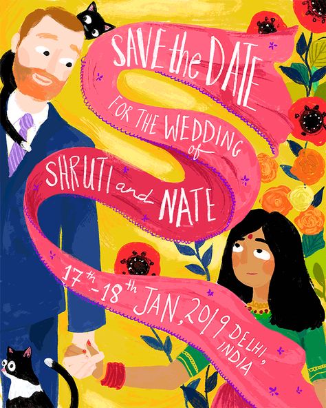 Invitations Wedding Illustration, Wedding Cards Illustration, Dating Illustration, Graphic Design Save The Date, Save The Date Ideas Illustration, Illustrated Save The Date, Wedding Card Illustration, Indian Wedding Invite Illustration, Save The Date Art