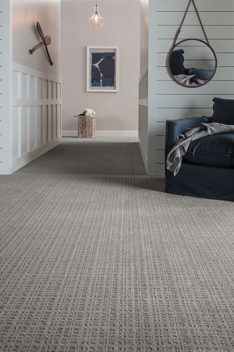 Gorgeous grey patterned carpet perfectly paired with white shiplap walls for a nautical themed room. Patterned Carpet Bedroom Ideas, Dark Carpet Basement, Gray Berber Carpet, Stain Resistant Carpet, Upstairs Carpet Ideas, Modern Farmhouse Carpet, Farmhouse Carpet Ideas, Carpet In Basement, Basement Carpet Ideas