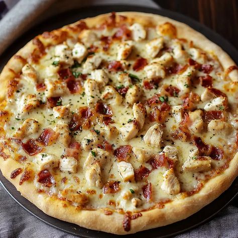 Chicken Bacon Ranch Pizza Recipe - emiliarecipes.com Chicken Ranch Flatbread Pizza, Chicken And Bacon Pizza, Buffalo Ranch Chicken Pizza, Garlic Ranch Pizza Sauce, Chicken Bacon Ranch Pizza Sauce, Chopped Chicken Bacon Ranch Subs, Pizza Ranch Copycat Recipes, Chicken Bacon Ranch Pizza Recipe, Chicken Pizza Ideas