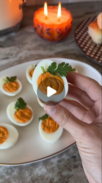 Sheri Wilson on Instagram: "Pumpkin Deviled Eggs 🦃🧡 the perfect easy appetizer to make for Thanksgiving and SO delicious! Deviled eggs are my family’s top request for holidays and they make great leftovers!

Ingredients-
-8 hard boiled eggs
-1/3 cup mayonnaise 
-2 tsp dijon mustard 
-1 tsp Dannos Original Seasoning 
-1 drop orange food coloring 
-cilantro leaves

1.  Place the eggs into a large pot filled with water and bring to the boil. Boil for 8 minutes, then remove from the heat. Allow the eggs to cool.
2. Peel, then slice the eggs in half. 
3. Remove the yolks and place into a large bowl. Add the remaining ingredients to the bowl and mix until smooth with an electric mixer.
4. Pipe the filling into each of the eggs, then chill for 15 minutes. Use a toothpick to create the ridges of Sheri Wilson, Pumpkin Deviled Eggs, Orange Food, Easy To Make Appetizers, Orange Food Coloring, Creative Food Art, Electric Mixer, Hard Boiled, Large Pots