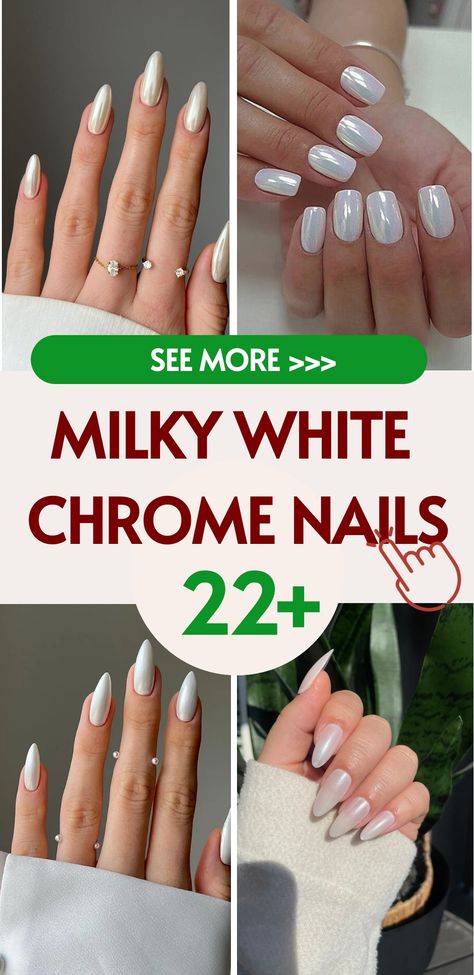 Enhance your manicure game with the timeless sophistication of Milky White Chrome Nails. This captivating nail color radiates grace and refinement for any occasion, from glamorous events to everyday elegance. The fusion of chrome's reflective finish with the delicate milky white hue creates a modern yet classic effect that will surely turn heads. Let your inner goddess shine through with these ethereal nails that exude elegance and a touch of magic. Elevate your look and make a stunning statemen White Glaze Nails, White Chrome Nails With Design, Milky White Holiday Nails, Metallic White Nails, Magic White Chrome Nails, White Metallic Nails, Milky Nails Ideas, White Nails With Chrome, White Gel Nail Designs