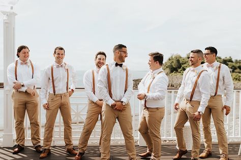 Groomsmen Preparation Attire, Brown Suspenders Groomsmen, Beige Suits For Men, Groomsmen Suspenders, Brown Suspenders, Rusting Wedding, Groom Wedding Attire, White Long Sleeves, Beige Suits