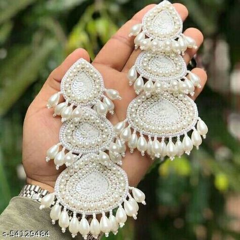 Moti Earrings Pearls, Moti Earings Design, White Earrings Indian, Garba Jwellery, Nepali Aesthetic, Embroidered Sheets, Embroidery Earrings, Bridal Jewelry Sets Brides, Earrings Diy Handmade