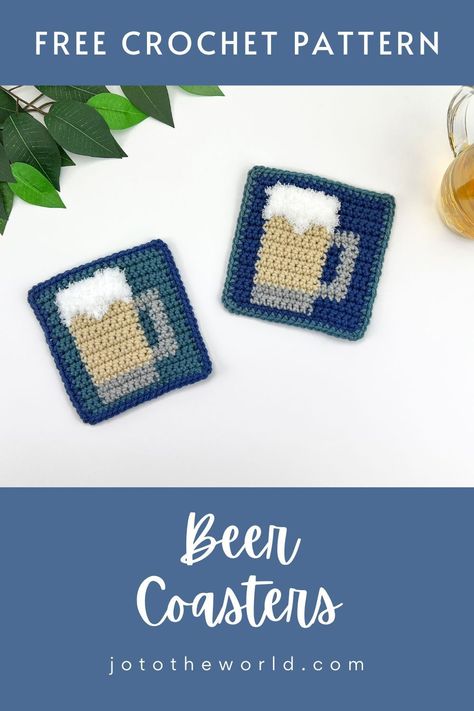 Here's a very fun crochet coaster pattern! These crochet beer coasters are fast and simple to make and make a wonderful square crochet coaster set to give as a gift. Create these funky crochet coasters for any beer drinker in your life! Random Crochet, Crochet Beer, Coasters Pattern, Crocheted Coasters, Coasters Crochet, Crochet Coasters Free Pattern, Coaster Pattern, Crochet Coaster Pattern, Crochet Coaster