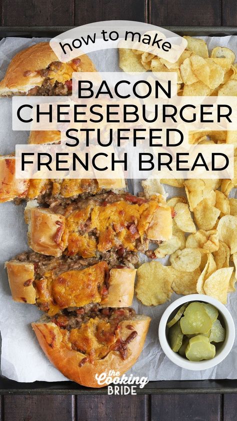 Bacon cheeseburger stuffed French bread has all the fixin's of a cheeseburger without breaking out the grill. It's a perfect make-ahead meal. Stuffed French Bread, Garbage Bread, Baguette Recipe, French Bread Recipe, French Bread Pizza, Bacon Sandwich, Hamburger Meat, Bacon Cheeseburger, Guacamole Recipe