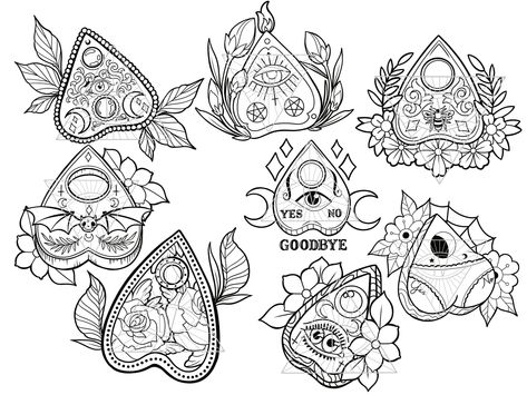 Oujia Board Drawing, Planchet Tattoo, Planchette Tattoo Design, Planchette Tattoo, Goth Svg, Ouija Tattoo, Doodle Sheet, Halloween Witchcraft, Halloween Flash