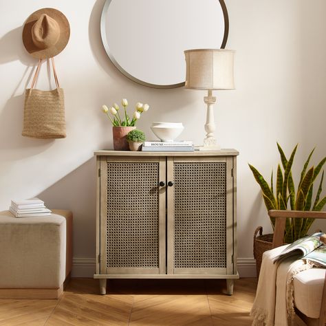 Organize your space in style with the Art Leon Woven Rattan Wicker Accent Cabinet. This versatile cabinet offers smart storage for your dining and decor essentials, while its magnetic door closures ensure secure shut. Crafted from solid bamboo in a natural finish, this sideboard combines rustic charm with durability. The woven rattan wicker doors add a touch of texture to the transitional style, making it perfect for any living room, hall/entry, dining room, or open concept living space. Rattan Kitchen, Rattan Door, Utility Storage Cabinet, Kitchen Storage Cabinet, Pottery Barn Inspired, Kitchen Buffet, Door Kitchen, Buffet Sideboard, Utility Storage