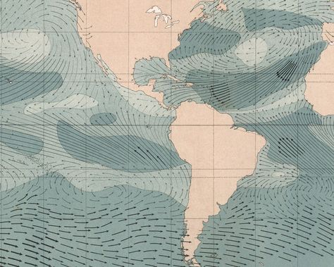 This wonderfully designed map shows the winds over the oceans of the world. From J.G. Bartholomew's Atlas of Meteorology published by the Edinburgh Geographical Institute in 1899. -FINE ART PRINTING- Each print is made to order and hand printed in Portland, Oregon. Prints and layouts can be customized or edited to your needs, just add a note with your order or send a message with any questions. Vintage prints are meticulously restored to clean major stains or rips, without adding excessive proce Oceans Map, Wind Map, Educational Chart, Oceans Of The World, Publication Design, Meteorology, J G, Fantasy Map, Map Print