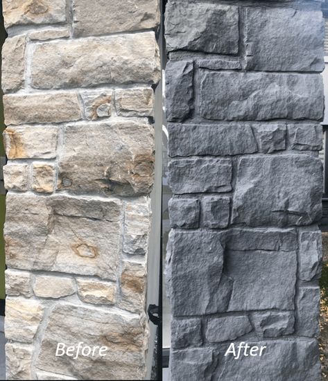 Painting Stone House Exterior, Painted Bedford Stone Exterior, Staining Exterior Stone On House, How To Stain Stone Exterior, Stain Stone Exterior, Staining Rock Exterior, Stained Stone Exterior, Paint Exterior Stone On House, Paint Stone Exterior