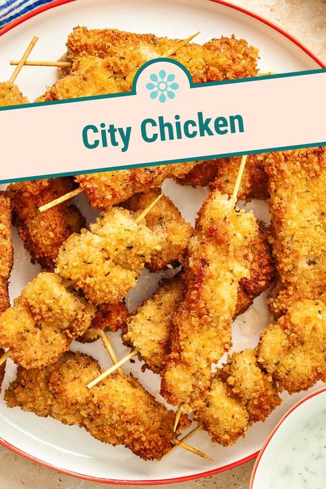 City Chicken Is So Good—It's Not Chicken City Chicken Recipe, Cubed Pork, City Chicken, Pork Skewers, Kabob Skewers, Russian Food, Cold Pasta, Pasta Casserole, After All These Years