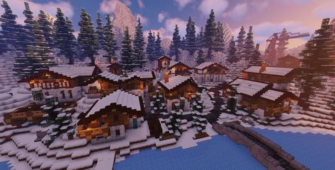 Winter Town Minecraft, Aesthetic Minecraft Christmas Builds, Minecraft Snow Village Builds, Minecraft House Ideas Snow Biome, Minecraft Winter Village Ideas, Cozy Winter Minecraft House, Minecraft Snowy Tundra Builds, Minecraft Snowy Village Ideas, Snow Kingdom Minecraft