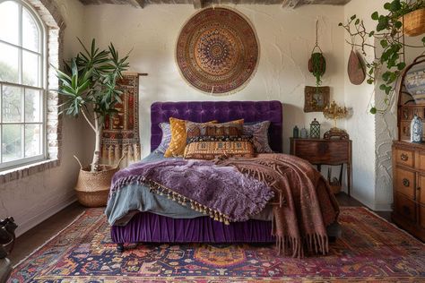 Low Platform Bed, Bedroom Purple, Interior Design Bohemian, Guest Bedroom Design, Study Room Design, Colorful Bedding, Boho Style Bedroom, Modular Kitchen Designs, Purple Bedroom