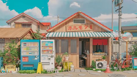 ArtStation - An old-style ramen shop 🍜 Acnh Ramen Shop, Ramen Shop Illustration, Ramen Shop Aesthetic, Japanese Ramen Shop, Japanese Shops, Shop Reference, Ramen House, Japanese Buildings, Japanese Town