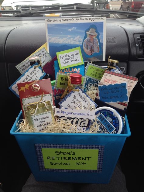 Retirement Survival Kit Retirement Box Ideas, Retirement Survival Kit Ideas Funny, Retirement Kit For Men, Retirement Survival Kit For Men, Retirement Survival Kit Woman, Retirement Survival Kit Ideas, Retirement Baskets For Men, Diy Retirement Gift Ideas, Retirement Basket